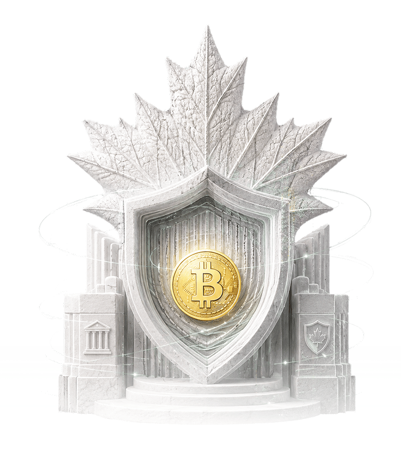 A shield bearing a maple leaf and a Bitcoin coin, representing regulated Canadian custody.