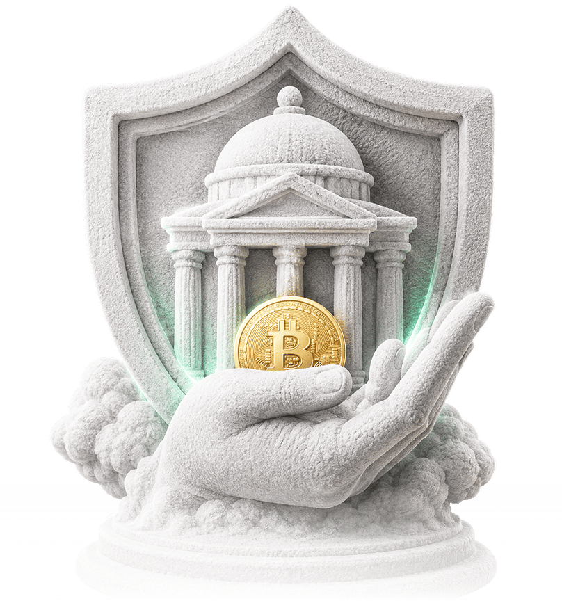 A shield held in cupped hands above a Bitcoin coin, representing safeguarded US settlement.